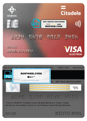 Estonia Citadele bank visa electron card template in PSD format, fully editable