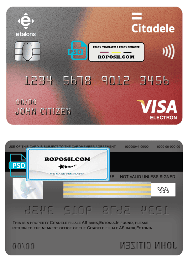Estonia Citadele bank visa electron card template in PSD format, fully editable