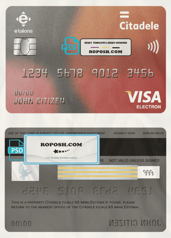 Estonia Citadele bank visa electron card template in PSD format, fully editable