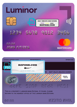 Estonia Luminor Bank mastercard template in PSD format, fully editable