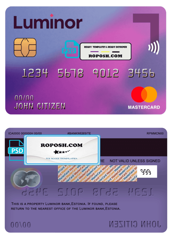 Estonia Luminor Bank mastercard template in PSD format, fully editable