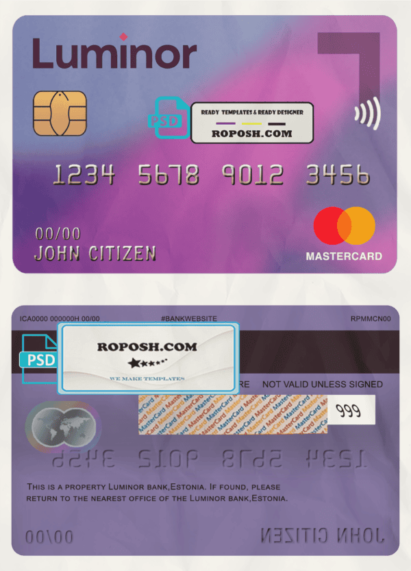 Estonia Luminor Bank mastercard template in PSD format, fully editable
