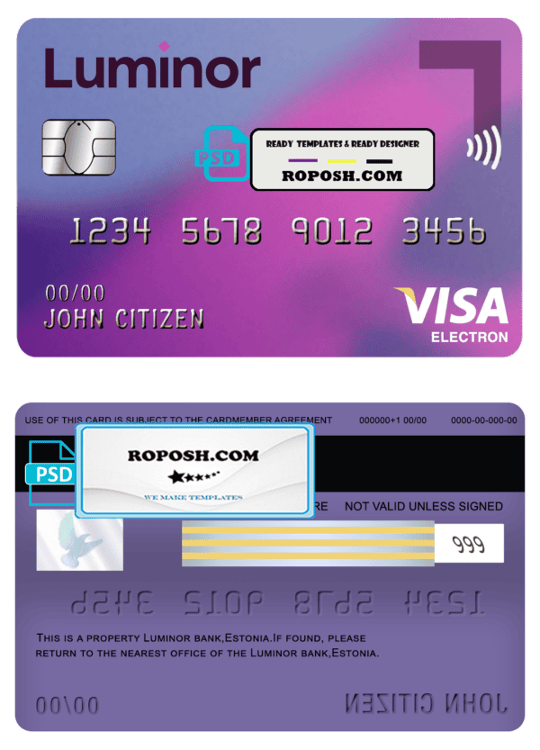 Estonia Luminor Bank visa electron card template in PSD format, fully editable