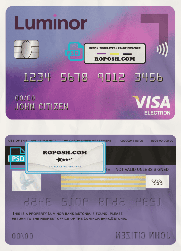 Estonia Luminor Bank visa electron card template in PSD format, fully editable