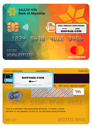 Ethiopia Bank of Abyssinia bank mastercard template in PSD format, fully editable