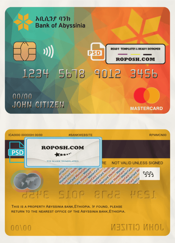 Ethiopia Bank of Abyssinia bank mastercard template in PSD format, fully editable