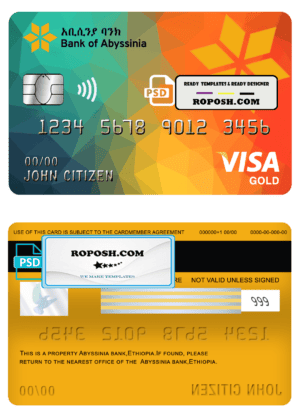 Ethiopia Bank of Abyssinia bank visa gold card template in PSD format, fully editable