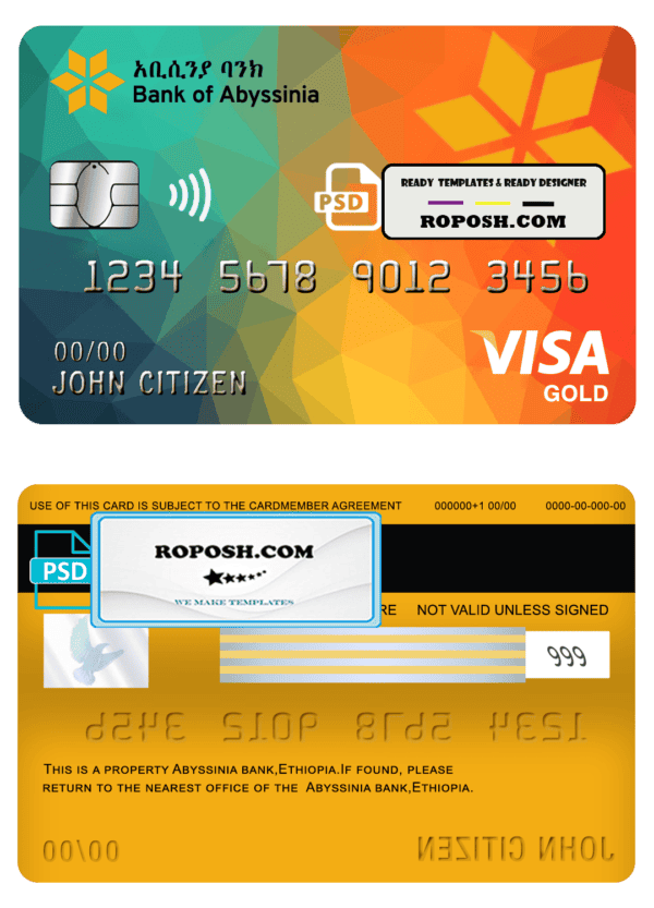 Ethiopia Bank of Abyssinia bank visa gold card template in PSD format, fully editable
