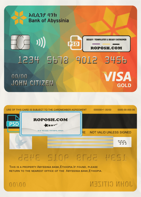 Ethiopia Bank of Abyssinia bank visa gold card template in PSD format, fully editable