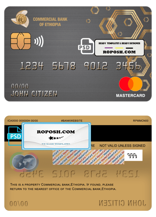 Ethiopia Commercial Bank mastercard template in PSD format, fully editable