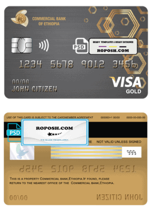 Ethiopia Commercial Bank visa gold card template in PSD format, fully editable