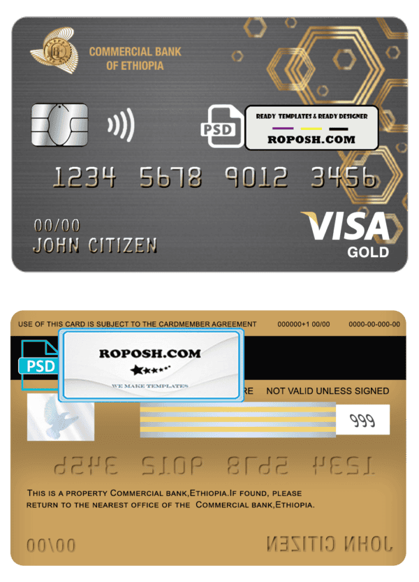 Ethiopia Commercial Bank visa gold card template in PSD format, fully editable