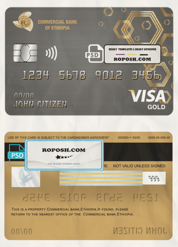 Ethiopia Commercial Bank visa gold card template in PSD format, fully editable