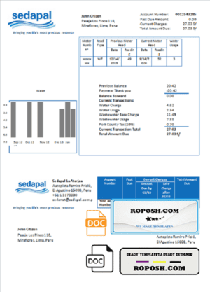 Peru Sedapal La Atarjea water utility bill template in Word and PDF format