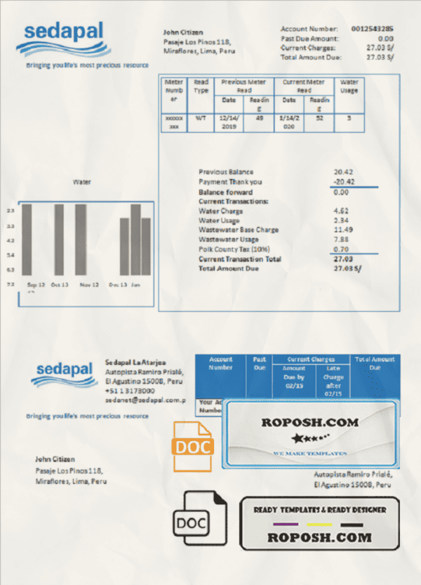 Peru Sedapal La Atarjea water utility bill template in Word and PDF format