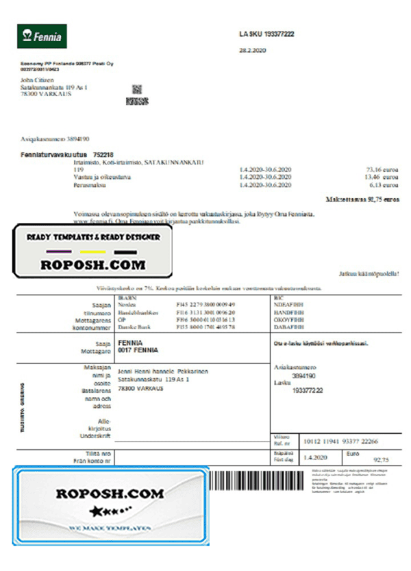 Finland Fennia Insurance company bill template in Word and PDF format
