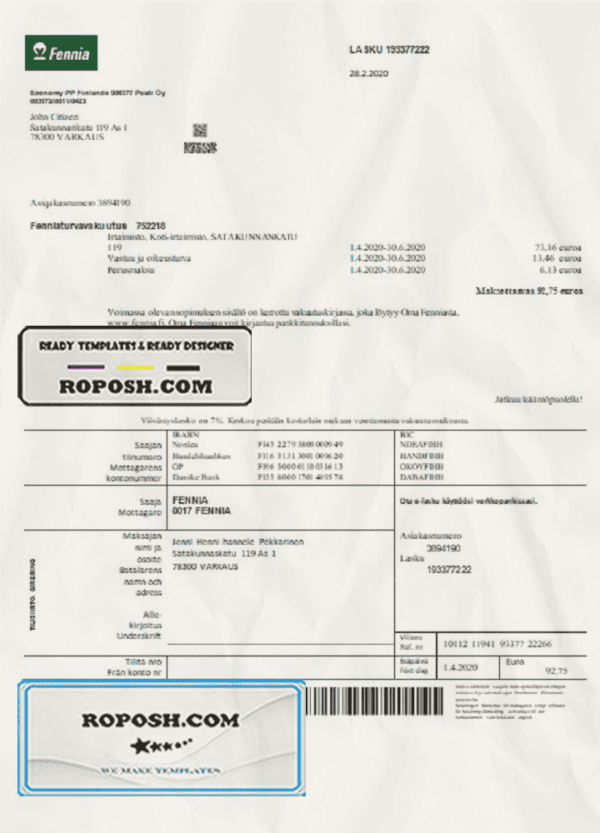 Finland Fennia Insurance company bill template in Word and PDF format