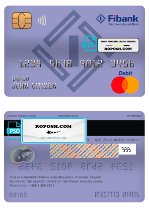 Bulgaria Fibank bank mastercard debit card template in PSD format, fully editable