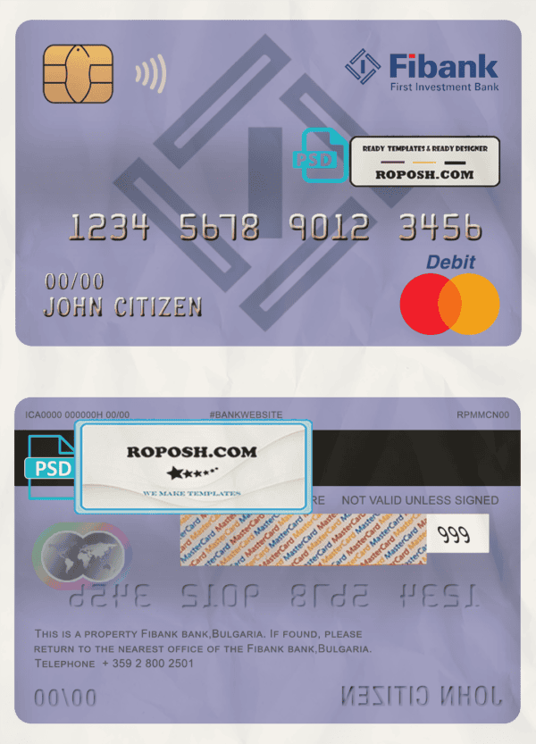 Bulgaria Fibank bank mastercard debit card template in PSD format, fully editable