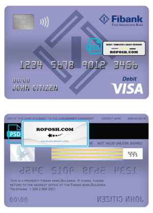 Bulgaria Fibank bank visa card debit card template in PSD format, fully editable