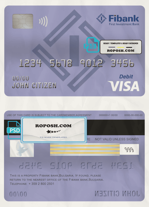 Bulgaria Fibank bank visa card debit card template in PSD format, fully editable