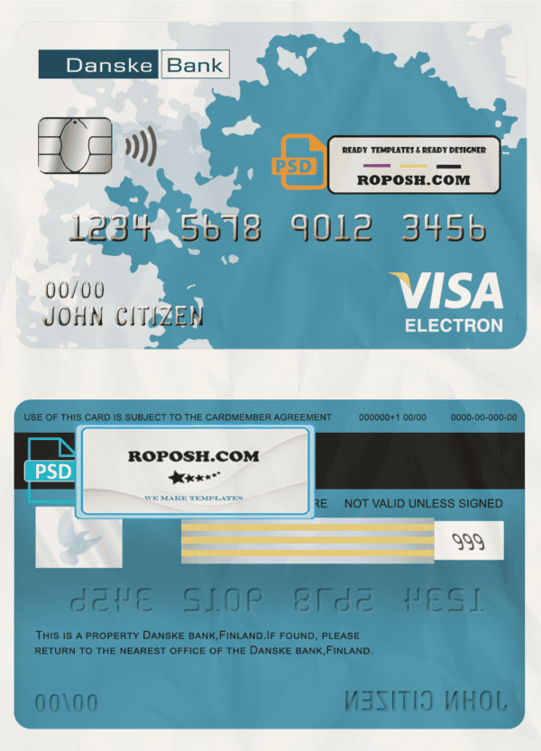 Finland Danske bank visa electron card template in PSD format, fully editable