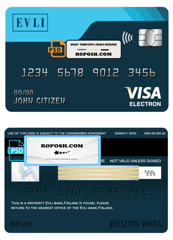 Finland Evli bank visa electron card template in PSD format, fully editable