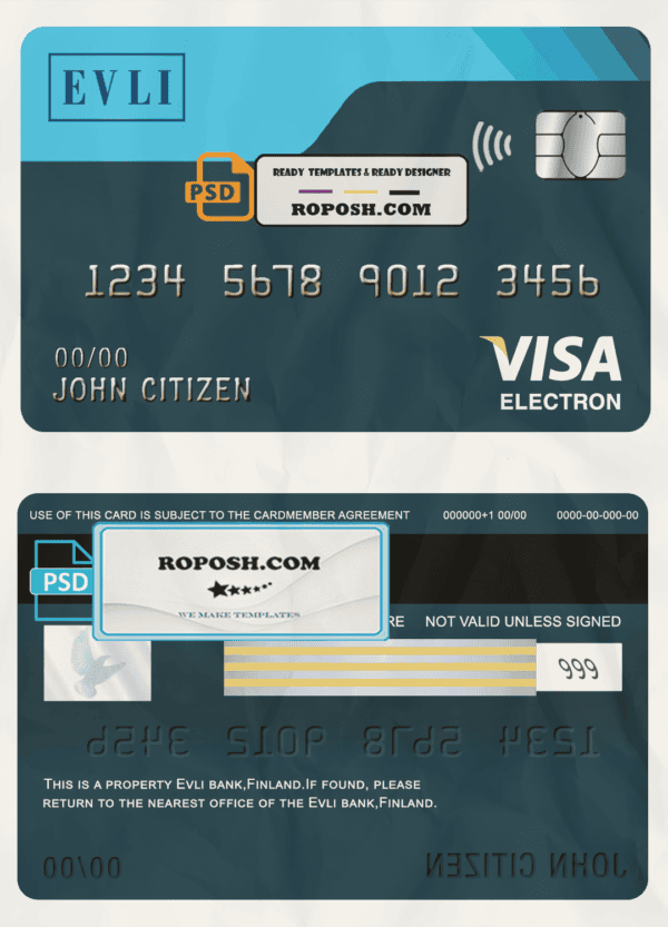 Finland Evli bank visa electron card template in PSD format, fully editable
