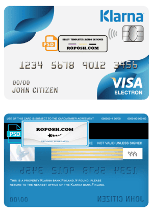 Finland Klarna bank visa electorn card template in PSD format, fully editable