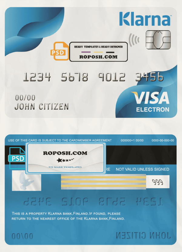 Finland Klarna bank visa electorn card template in PSD format, fully editable