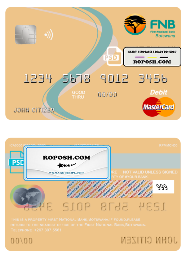 Botswana First National Bank mastercard debit card template in PSD format, fully editable