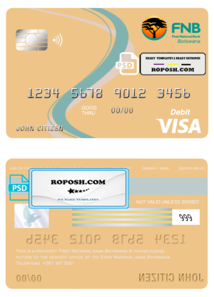 Botswana First National Bank visa card debit card template in PSD format, fully editable
