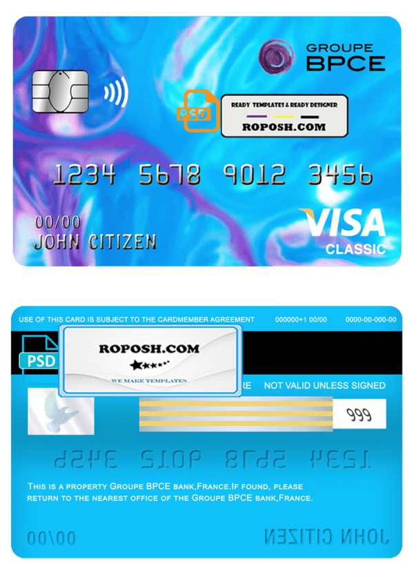 France Groupe BPCE bank visa classic card template in PSD format, fully editable