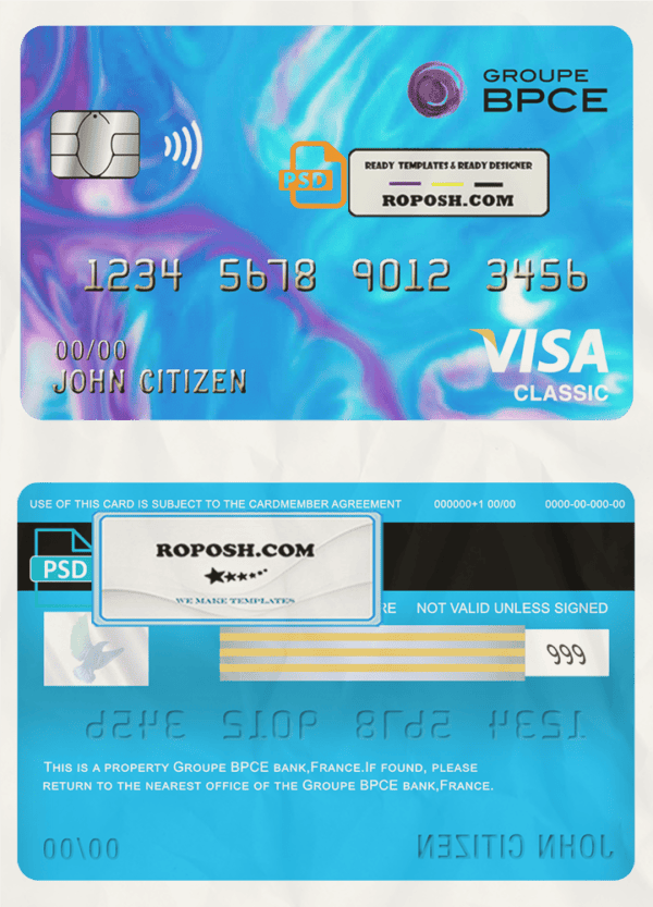 France Groupe BPCE bank visa classic card template in PSD format, fully editable