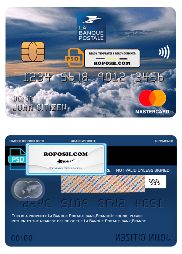 France La Banque Postale bank mastercard template in PSD format, fully editable