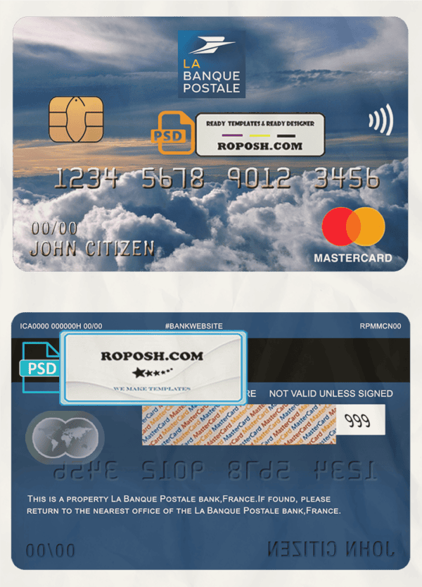 France La Banque Postale bank mastercard template in PSD format, fully editable