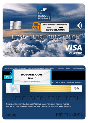 France La Banque Postale bank visa classic card template in PSD format, fully editable