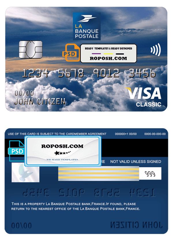 France La Banque Postale bank visa classic card template in PSD format, fully editable