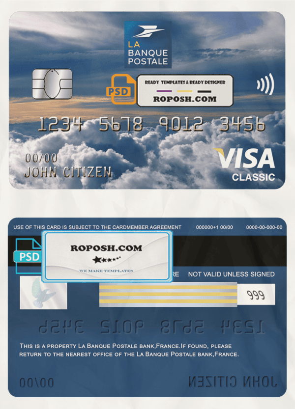 France La Banque Postale bank visa classic card template in PSD format, fully editable