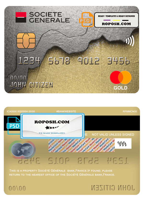 France Société Générale bank mastercard template in PSD format, fully editable