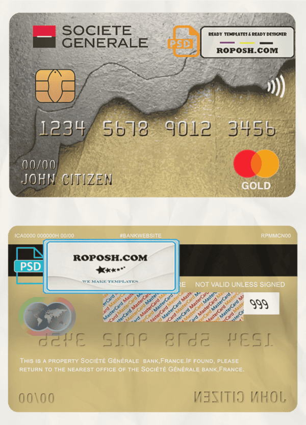 France Société Générale bank mastercard template in PSD format, fully editable