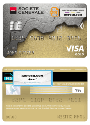 France Société Générale bank visa gold card template in PSD format, fully editable