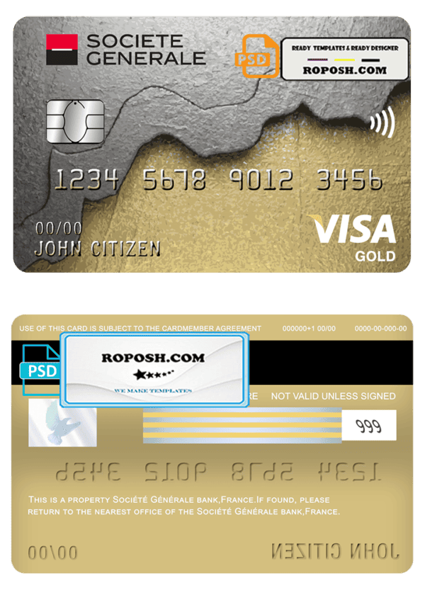 France Société Générale bank visa gold card template in PSD format, fully editable