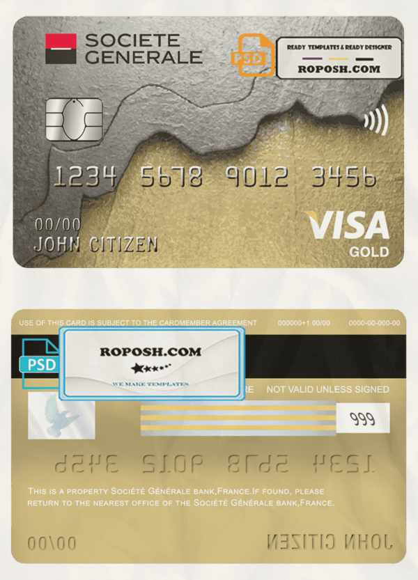 France Société Générale bank visa gold card template in PSD format, fully editable