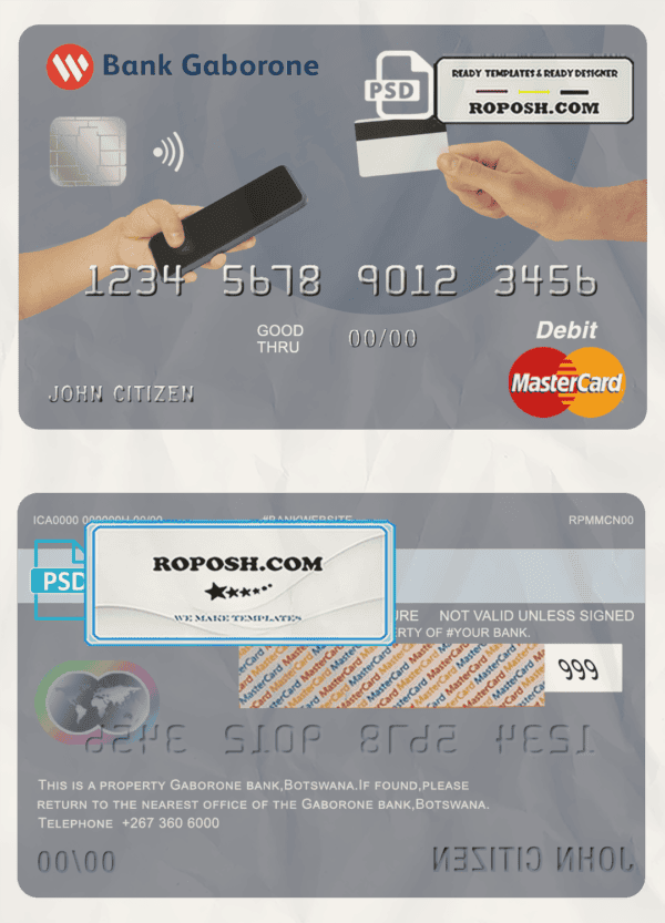 Botswana Bank Gaborone mastercard debit card template in PSD format, fully editable