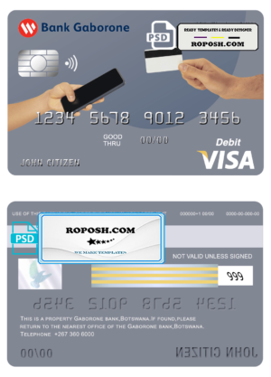 Botswana Bank Gaborone visa card debit card template in PSD format, fully editable