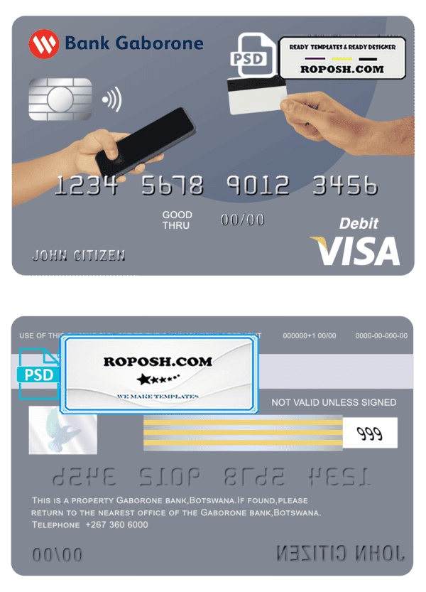 Botswana Bank Gaborone visa card debit card template in PSD format, fully editable