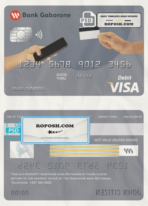 Botswana Bank Gaborone visa card debit card template in PSD format, fully editable