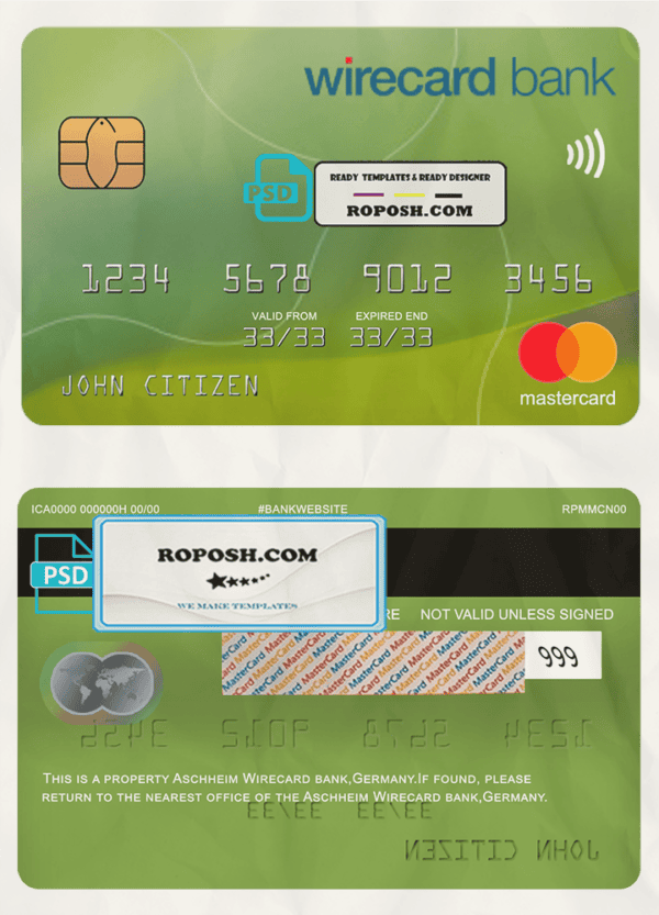 Germany Aschheim Wirecard bank mastercard template in PSD format, fully editable