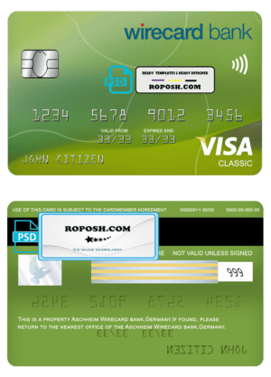Germany Aschheim Wirecard bank visa classic card template in PSD format, fully editable